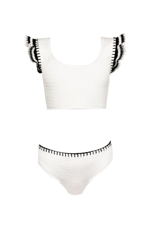 Hand-Knitted Ruffle & Lacework Detail Two Piece Bikini, Little Kid-Big Kid