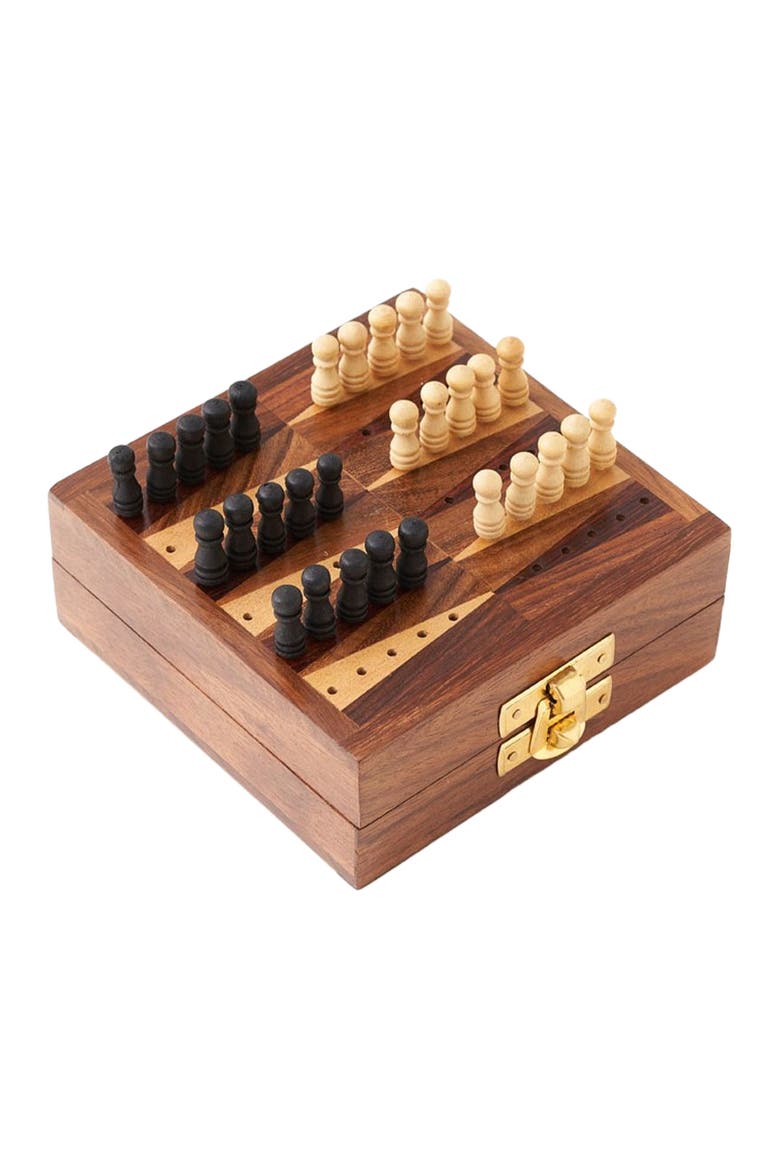 Mini Backgammon Travel Game Set - Handcrafted Wood, Main, color, Brown