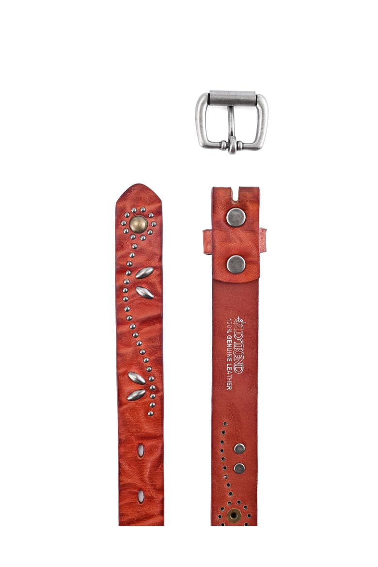 Floral Genuine Leather Studded Floral Accent Belt, Alternate, color, Cognac