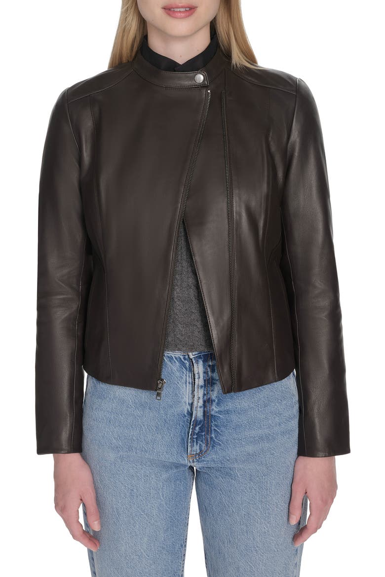 Band Collar Leather Moto Jacket, Alternate, color, DARK ESPRESSO