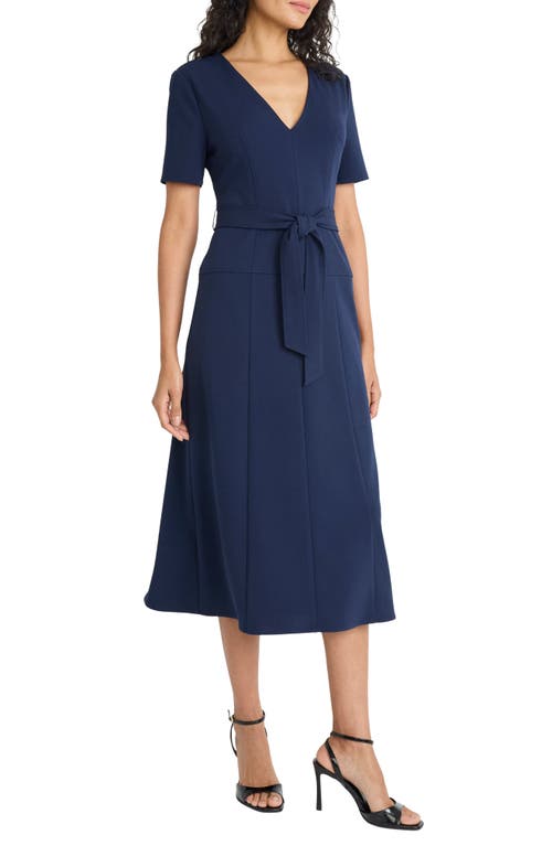 Maggy London Short Sleeve Tie Waist A-line Midi Dress In Blue