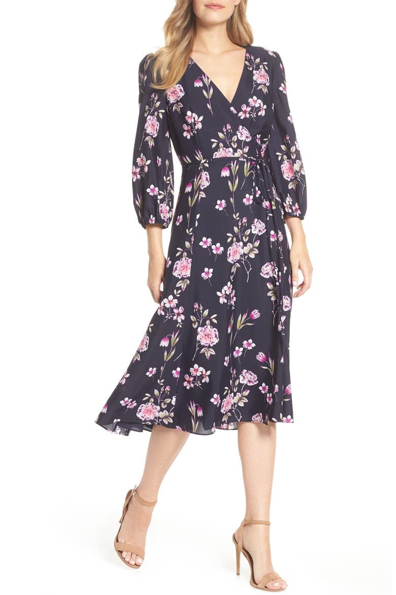 Floral Print Wrap Dress, Main, color, NAVY