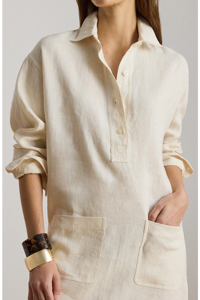Classic Collar Long Sleeve Linen Shirtdress, Alternate, color, MASCARPONE CREAM
