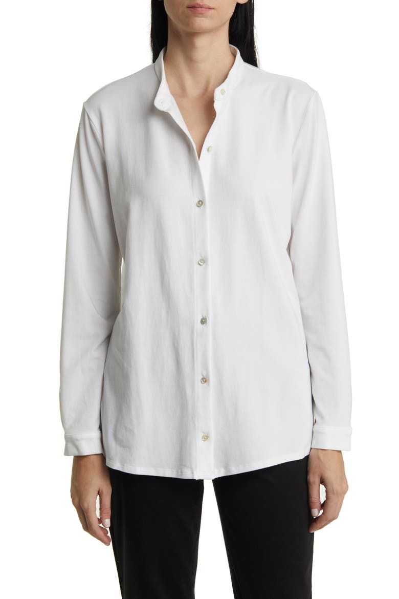 Band Collar Jersey Button-Up Shirt, Main, color, WHITE