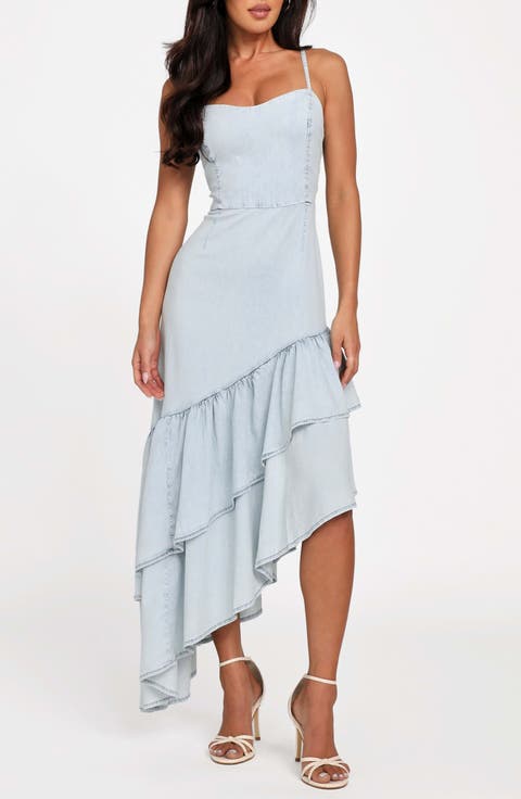 Jalyn Tiered Asymmetric Hem Denim Dress