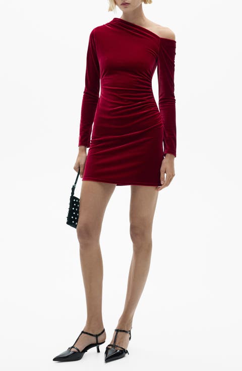 Asymmetric Long Sleeve Velvet Minidress
