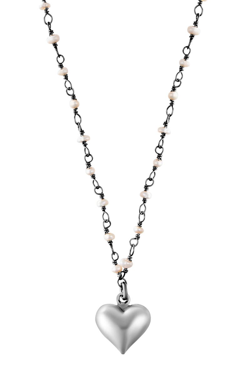 Freshwater Pearl Rosary Puffy Heart Pendant Necklace, Main, color, SILVER