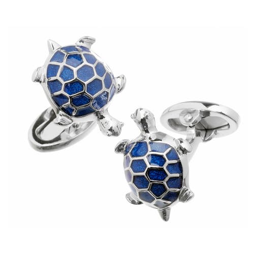 Jan Leslie Turtle Hand-painted Enamel Sterling Cufflinks In Blue