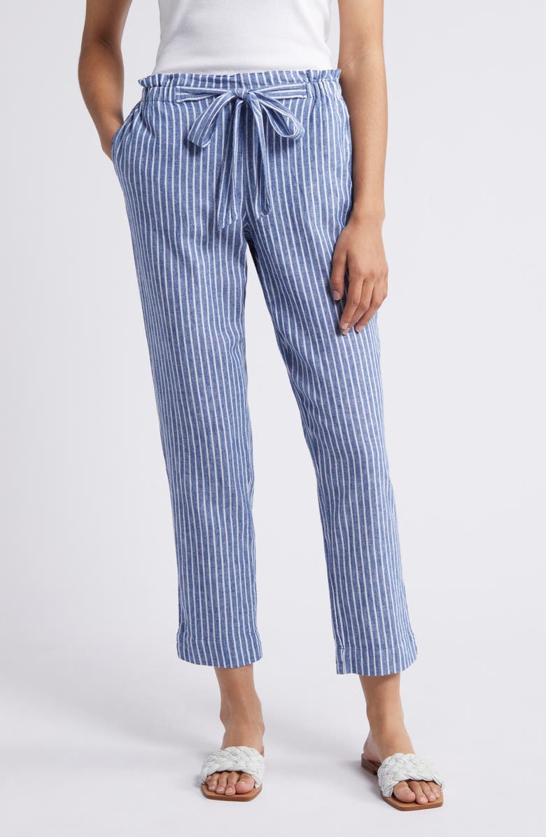 beachlunchlounge Giavanna Stripe Tapered Linen & Cotton Pants, Main, color, Cerulean