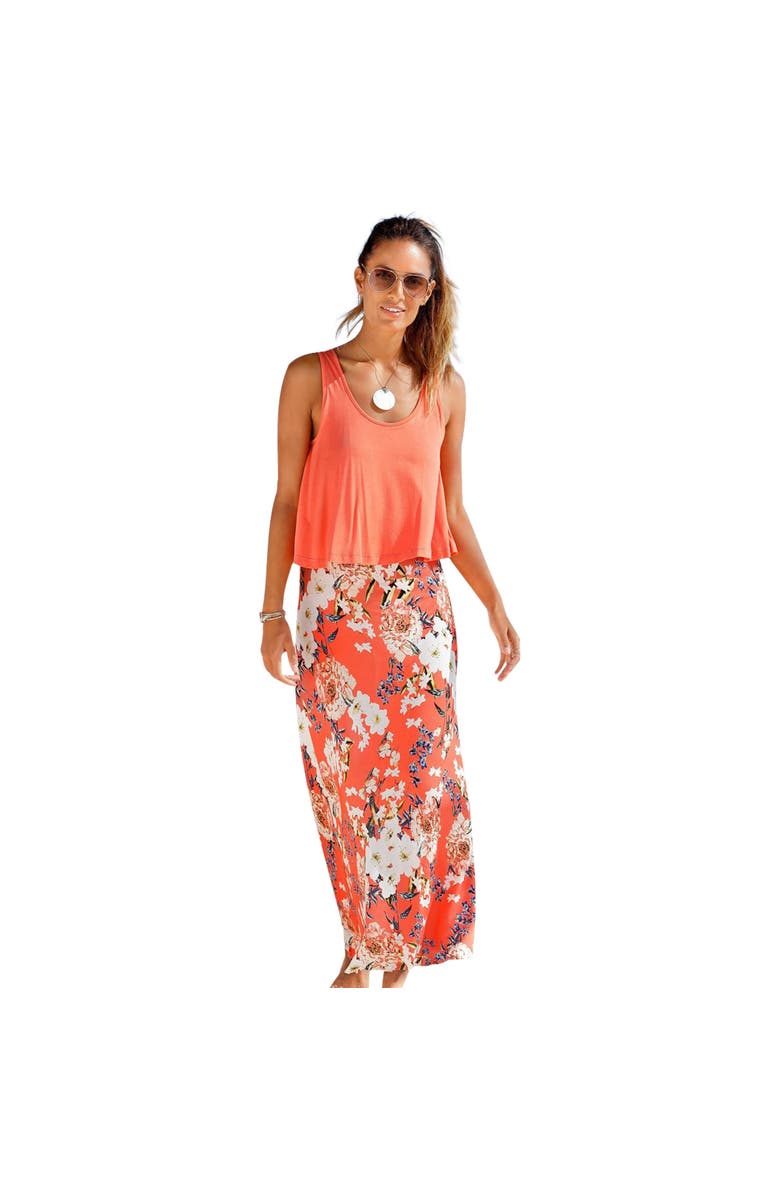 LASCANA Women's Layered Look Maxi Dress, Main, color, Coral-Patterned