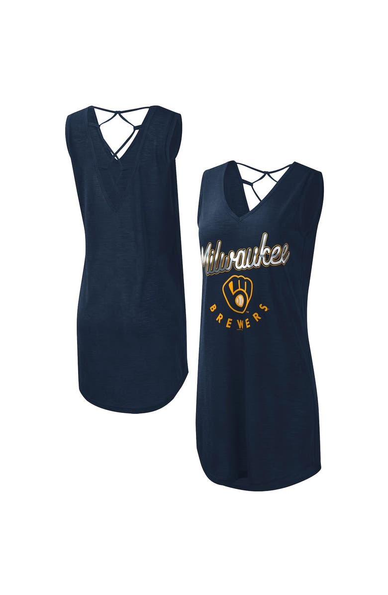 G-III 4HER BY CARL BANKS Women's G-III 4Her by Carl Banks Navy Milwaukee Brewers Game Time Slub Beach V-Neck Cover-Up Dress, Main, color, 