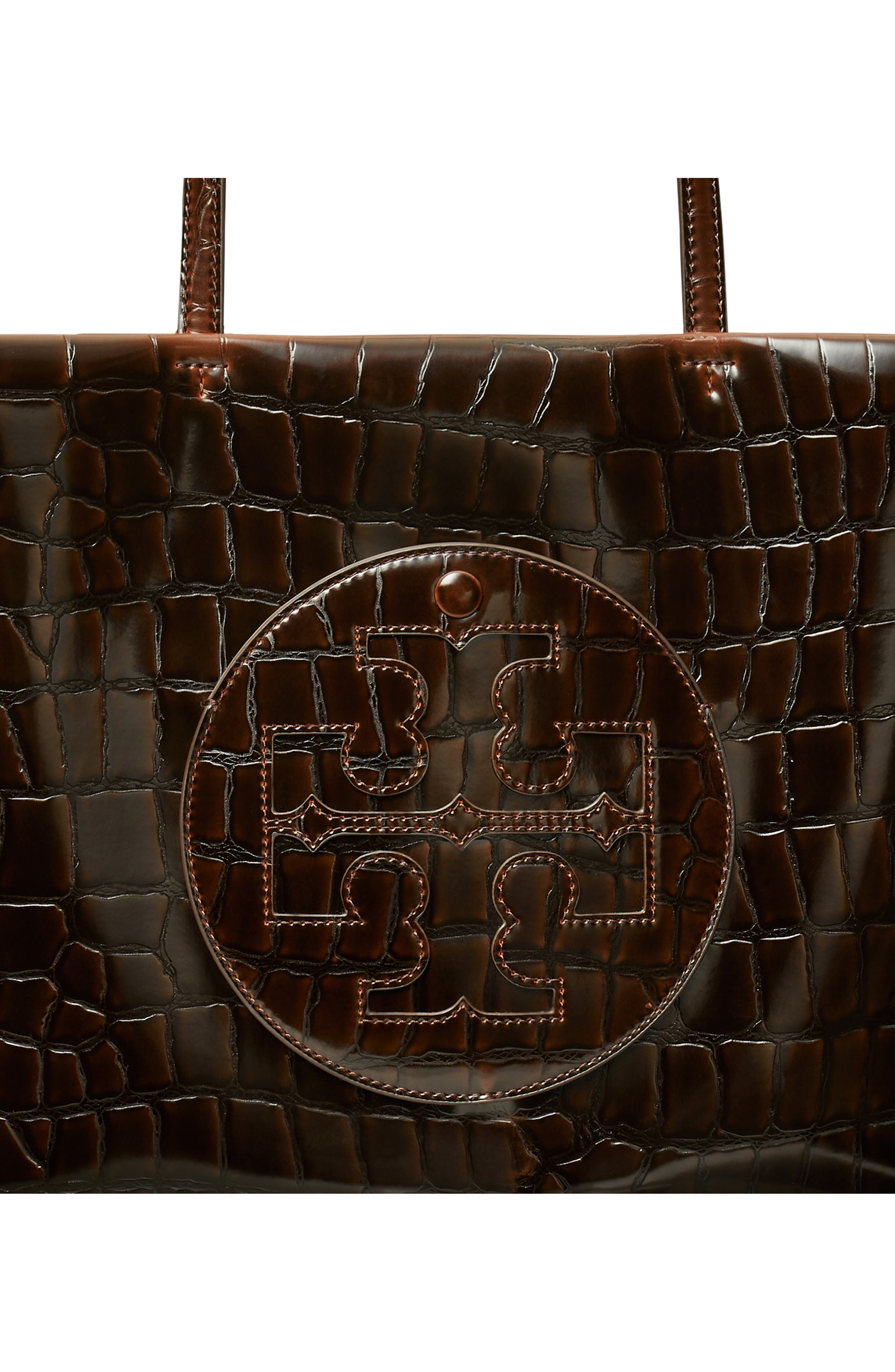 Small Ella Croc Embossed Leather Tote, Alternate, color, BROWN