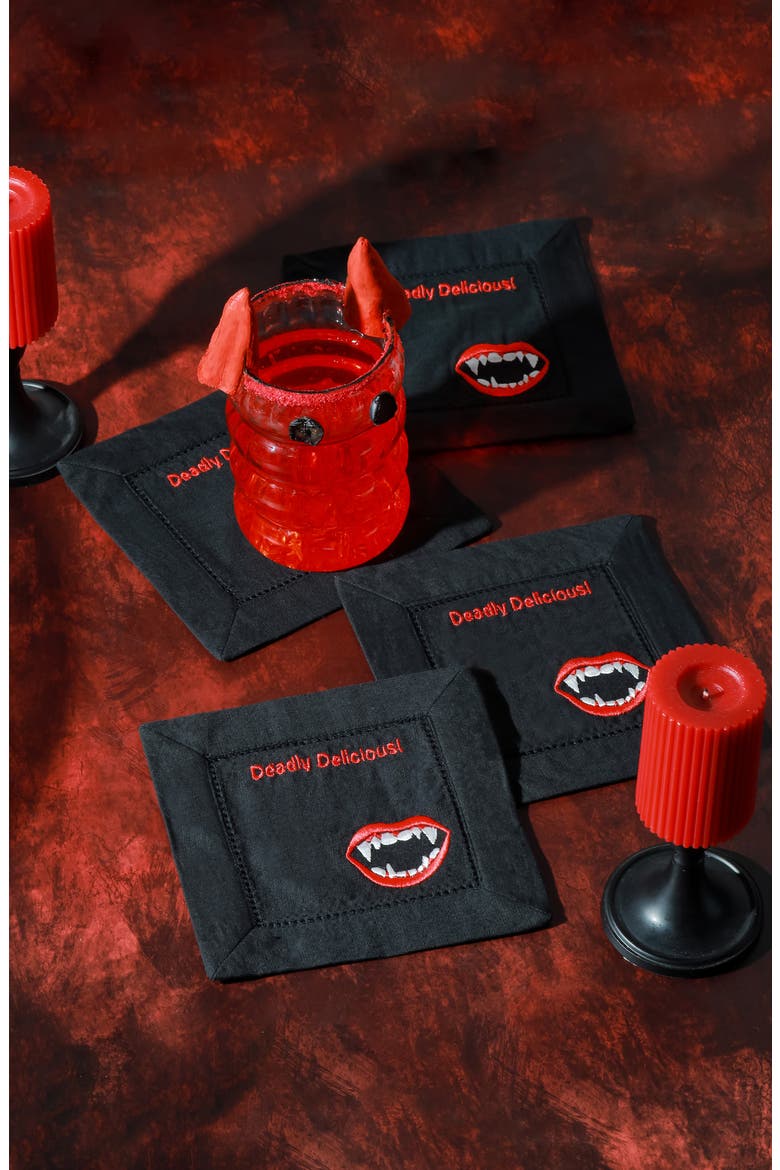 Deadly Delicious Embroidered Linen Cocktail Napkins, Alternate, color, BLACK/ RED