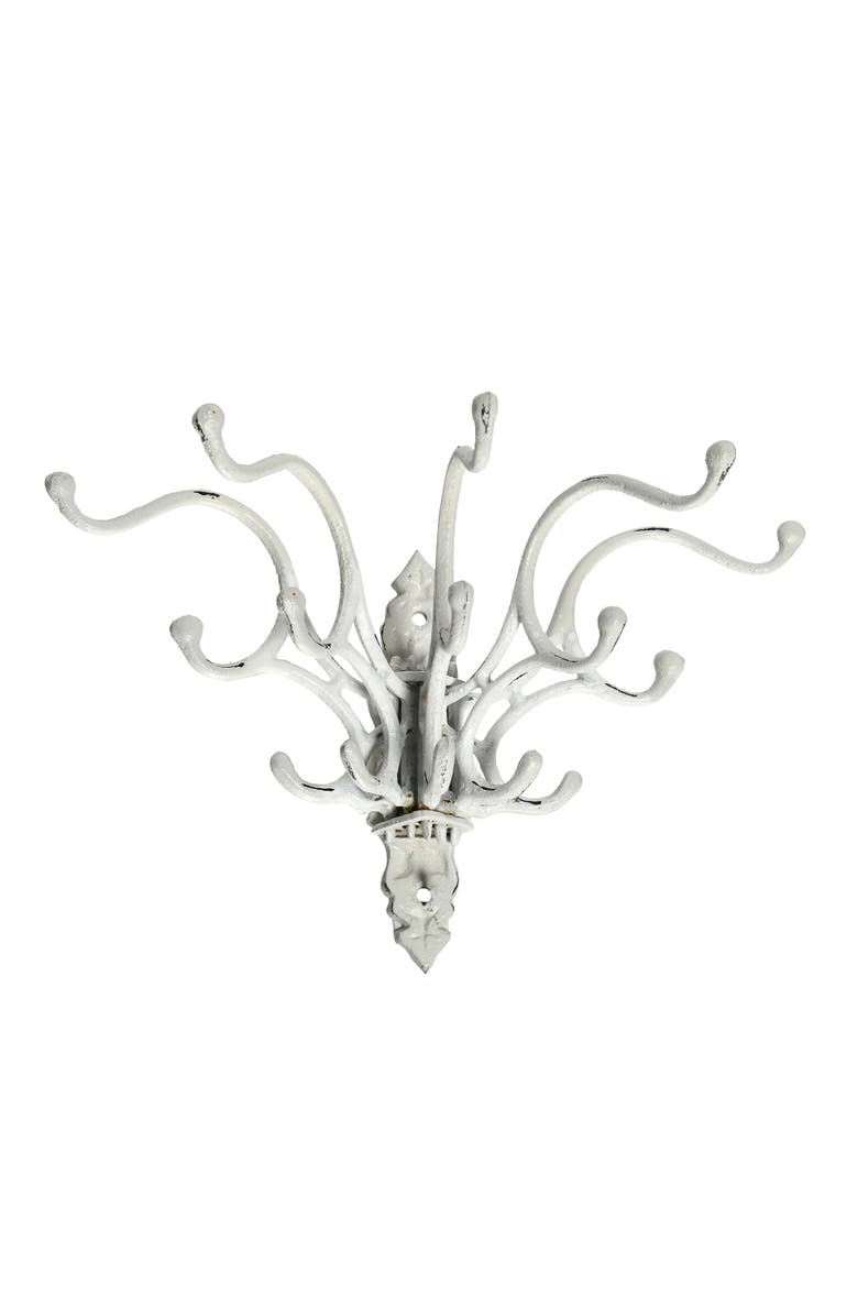 Storied Home Antique Decorative Cast Iron Multi Hook Wall Hanger with 15 Hooks, Distressed White, Main, color, White
