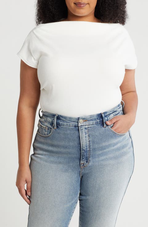 Cowl Neck Cap Sleeve Ribbed T-Shirt (Plus)