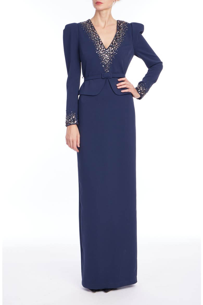 Beaded V-Neck Long Sleeve Gown, Main, color, NAVY