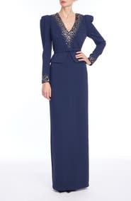Badgley Mischka Collection Beaded V-Neck Long Sleeve Gown