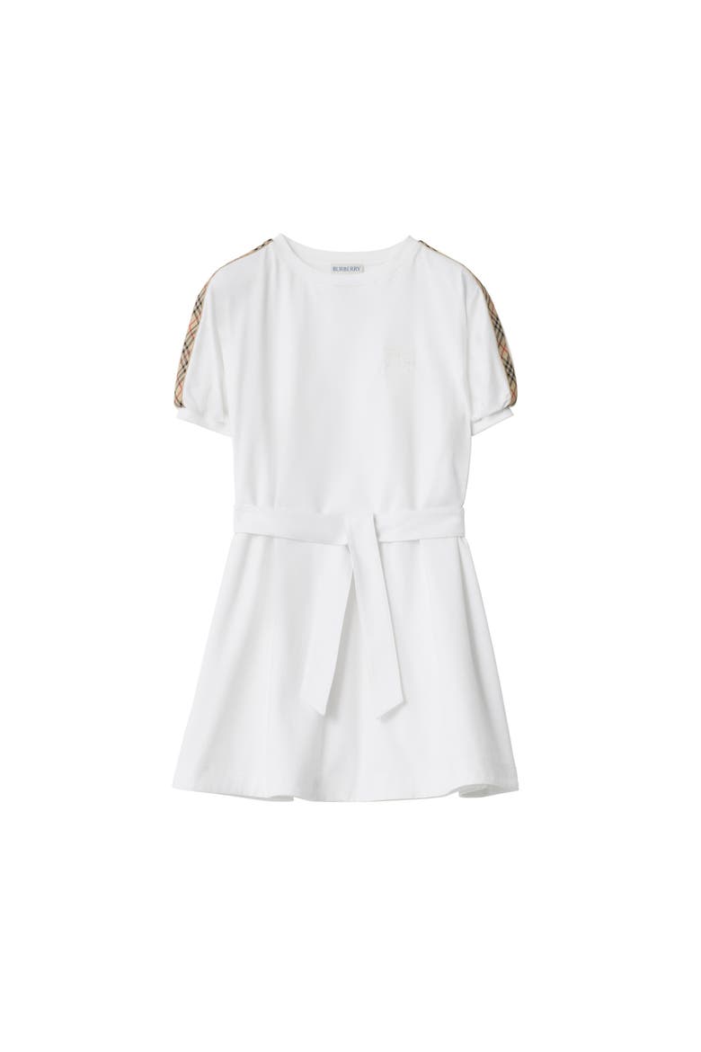 Girls' Check Trim Cotton T-shirt Dress, Main, color, White