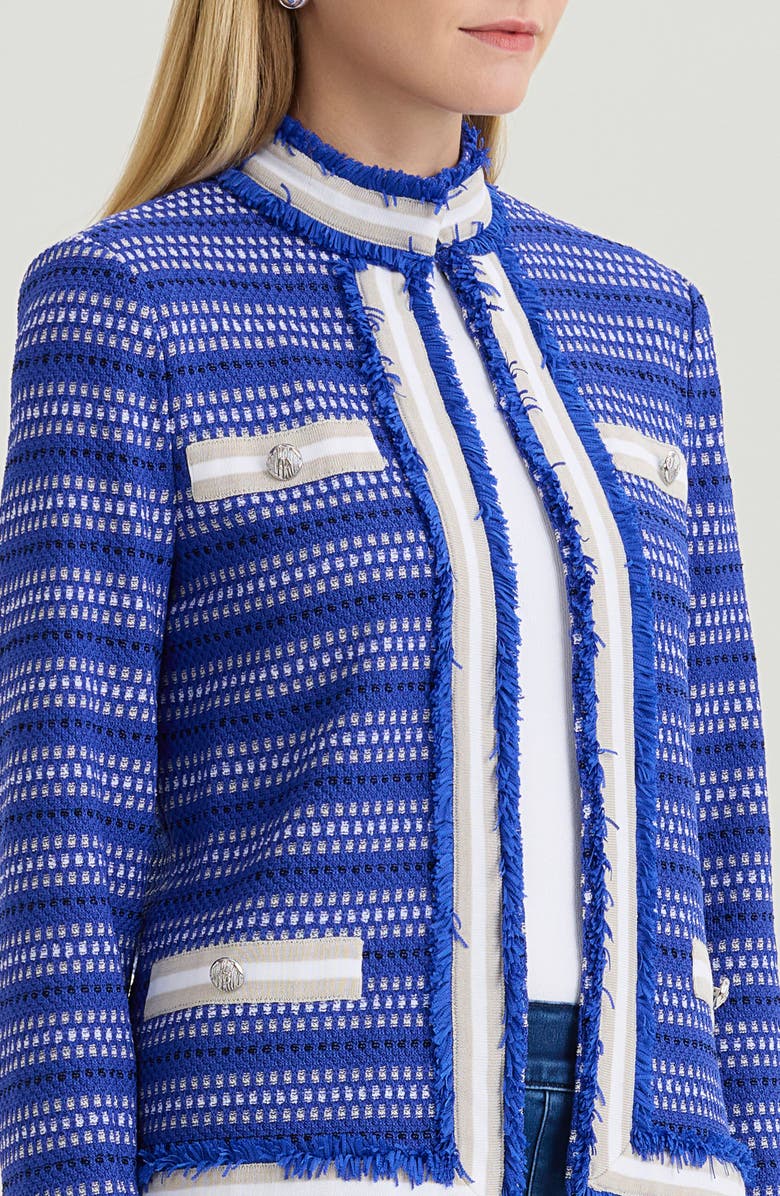 Ming Wang Heritage Ribbon Fringe Trim Knit Jacket, Alternate, color, Sapphire Sea/Limestone