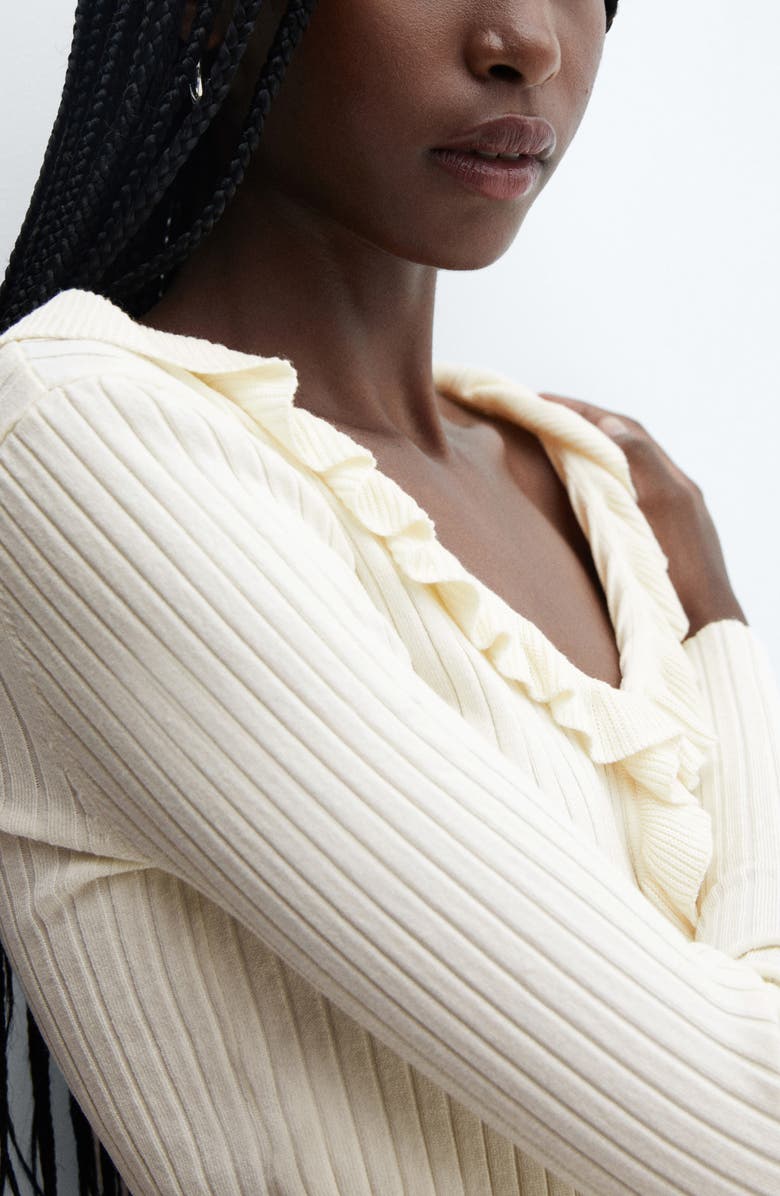 MANGO Rib Ruffle Accent Cardigan, Alternate, color,