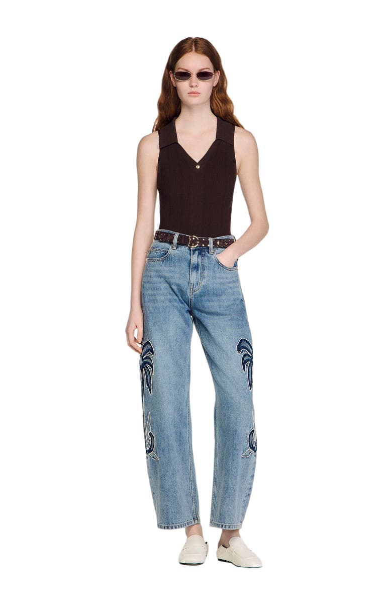 SANDRO Ribbed knit polo bodysuit, Alternate, color, Brown