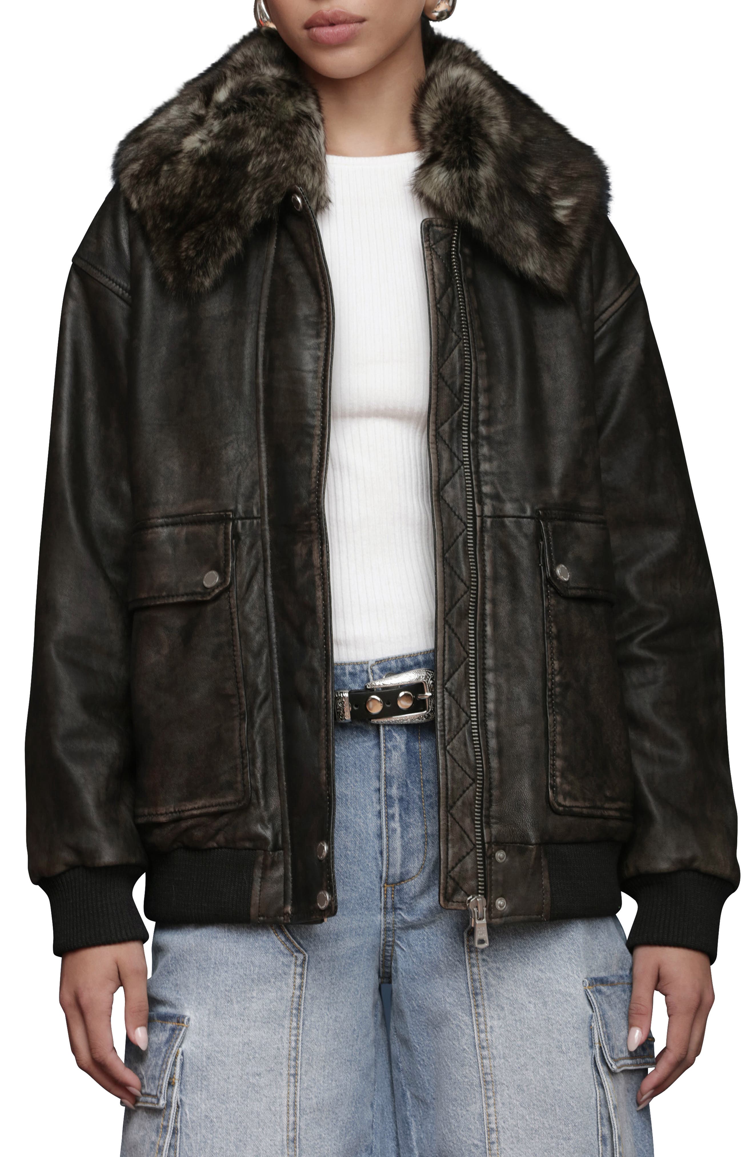Avec Les Filles Oversize Leather Bomber Jacket with Genuine Shearling Collar