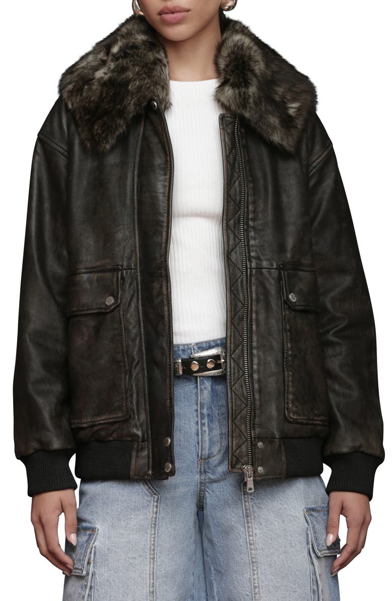 Avec Les Filles Oversize Leather Bomber Jacket with Genuine Shearling Collar, Main, color, Washed Black