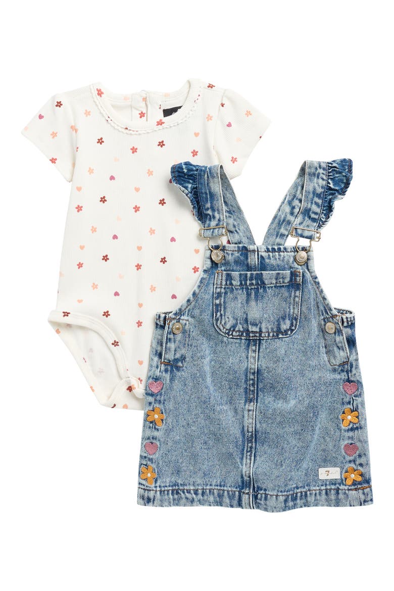 Rib Bodysuit & Denim Jumper Dress Set, Main, color, MARSHMALLOW