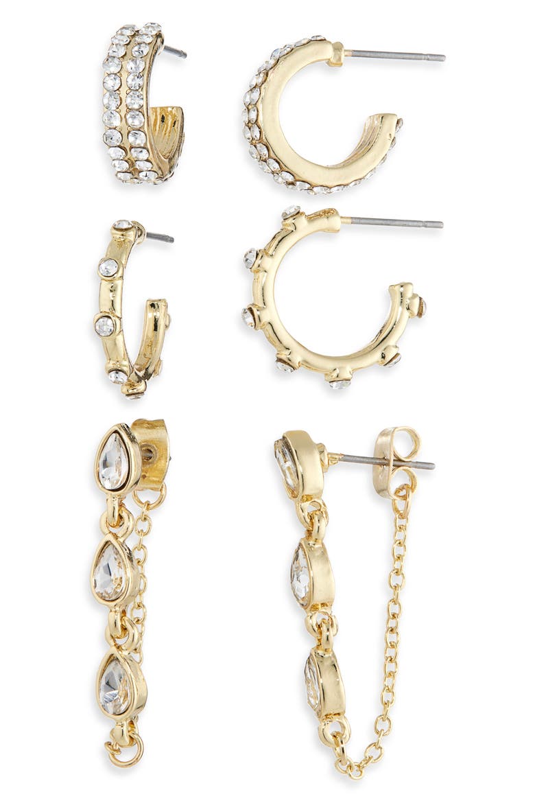 Set of 3 Hoop & Front/Back Earrings, Alternate, color, GOLD