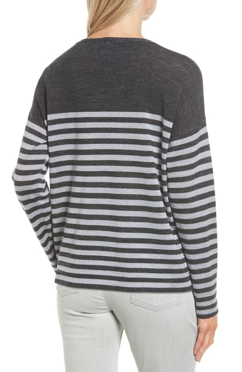 Eileen Fisher Stripe Merino Wool Pullover, Alternate, color, Charcoal/ Dark Pearl