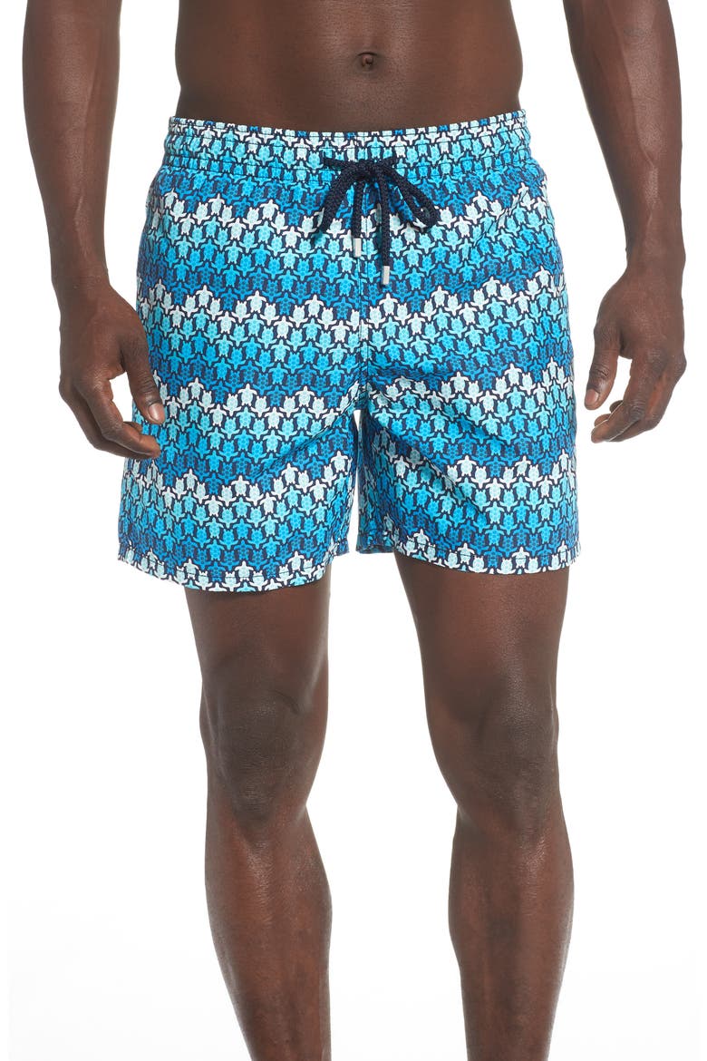 Moorea Herringbone Turtle Print Swim Trunks, Main, color, BLEU MARINE