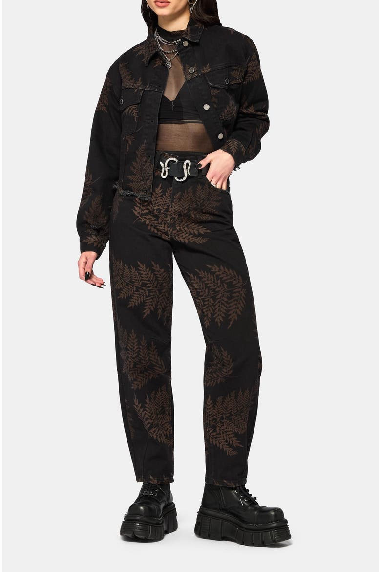 Ruin Fern Printed Barrel Leg Denim Jeans, Alternate, color, Black