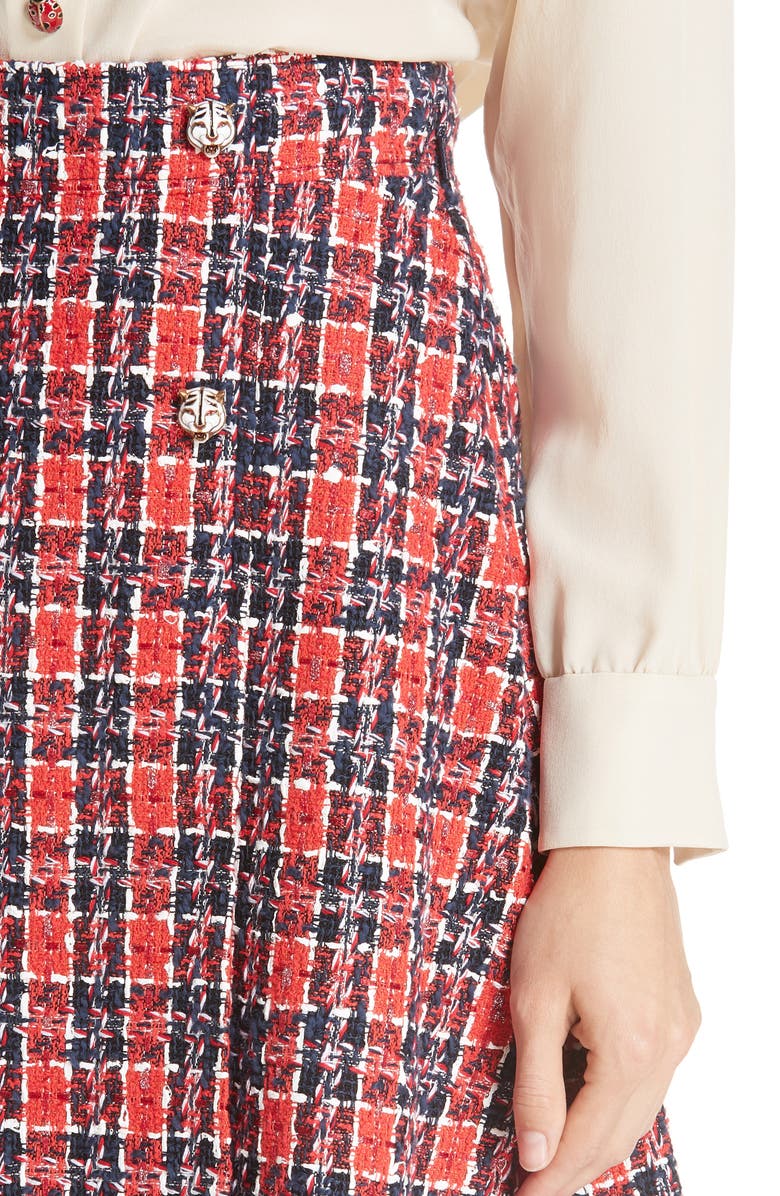 Gucci Tiger Button Tweed A-Line Skirt, Alternate, color, 