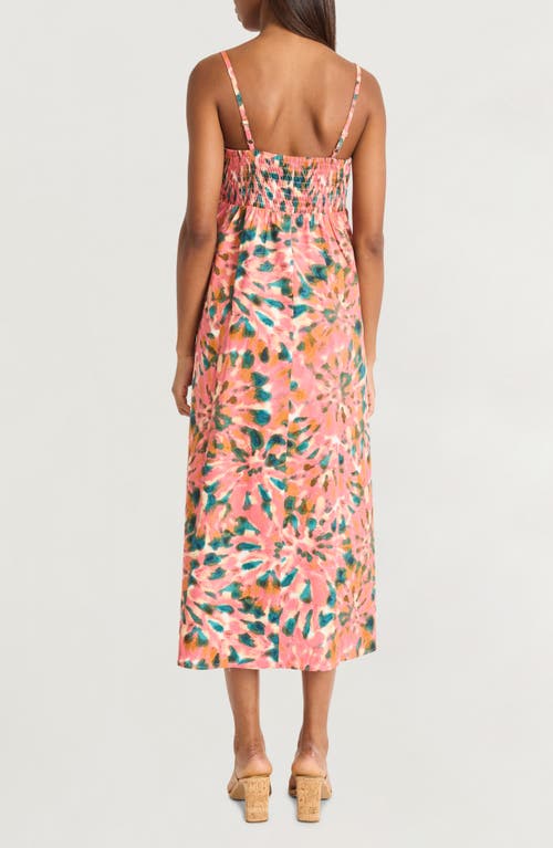 Shop The Good Journey Print Smocked Back Sleeveless Midi Dress In Pink/green