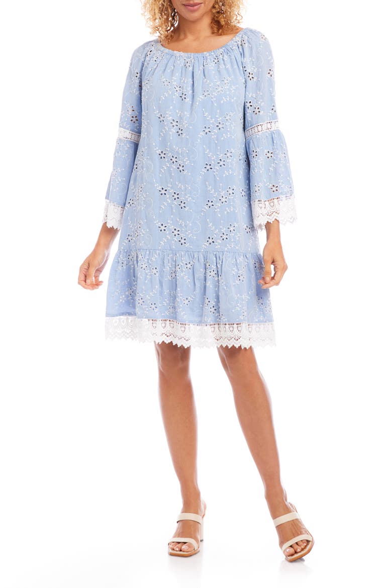 Mixed Lace Cotton Eyelet Shift Dress, Main, color, CHAMBRAY