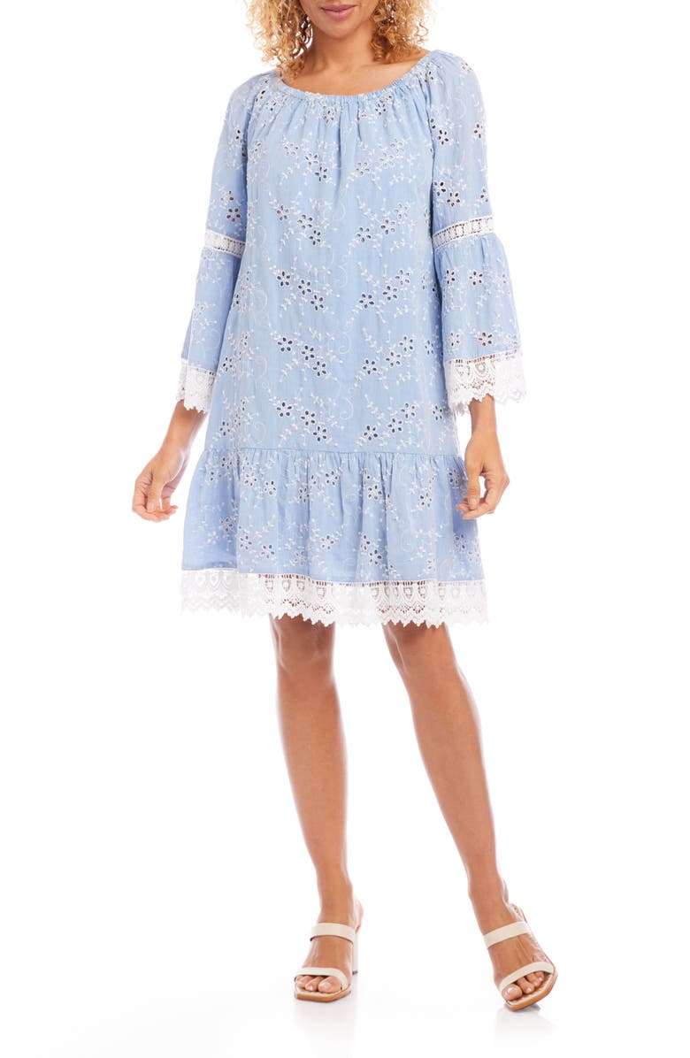 Karen Kane Mixed Lace Cotton Eyelet Shift Dress, Main, color,