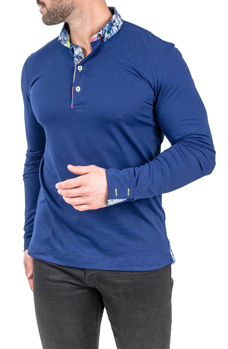 Maceoo Newton Solid Crypt Print Accent Long Sleeve Cotton Polo, Alternate, color,