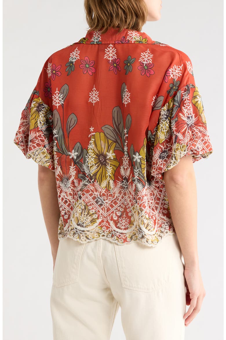 Embroidered Eyelet Bubble Sleeve Shirt, Alternate, color, RED
