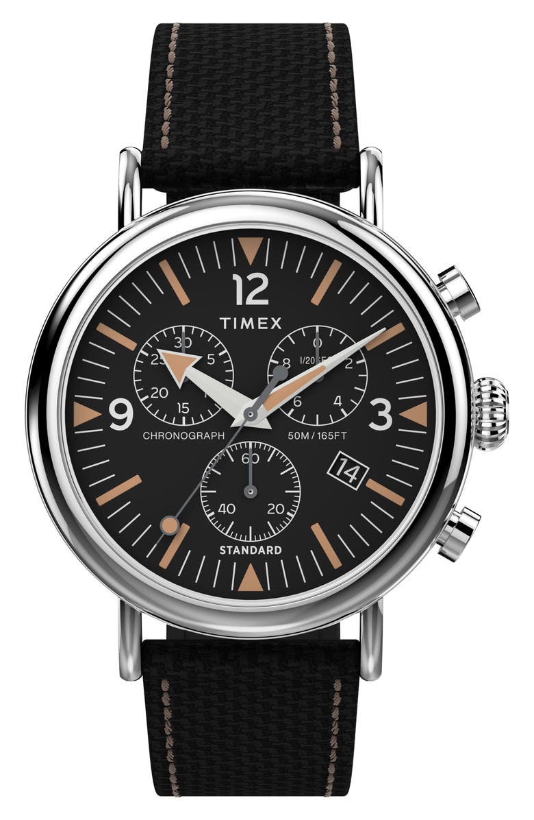 Timex<sup>®</sup> Standard Chronograph Leather Strap Watch, 41mm, Main, color, 