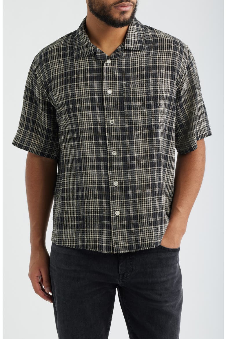 Plaid Seersucker Short Sleeve Button-Up Shirt, Main, color, BLACK