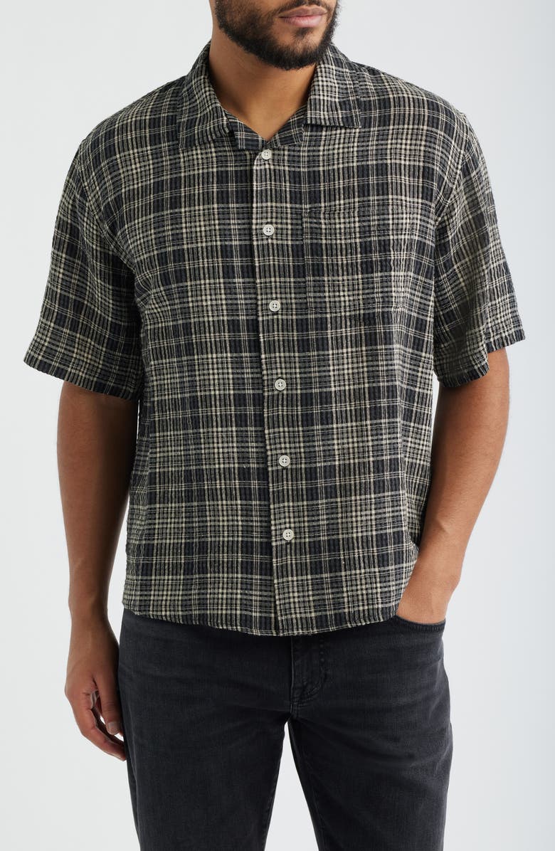 Corridor Plaid Seersucker Short Sleeve Button-Up Shirt, Main, color, Black