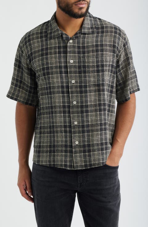Plaid Seersucker Short Sleeve Button-Up Shirt