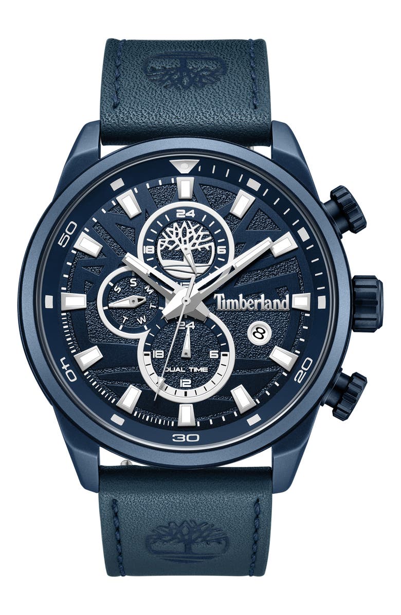 Timberland Henniker II Multifunction Chronogrpah Leather Strap Watch, 46mm, Main, color, Navy
