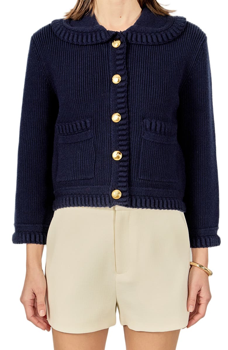 English Factory Braided Detail Collar Cardigan, Main, color, Navy