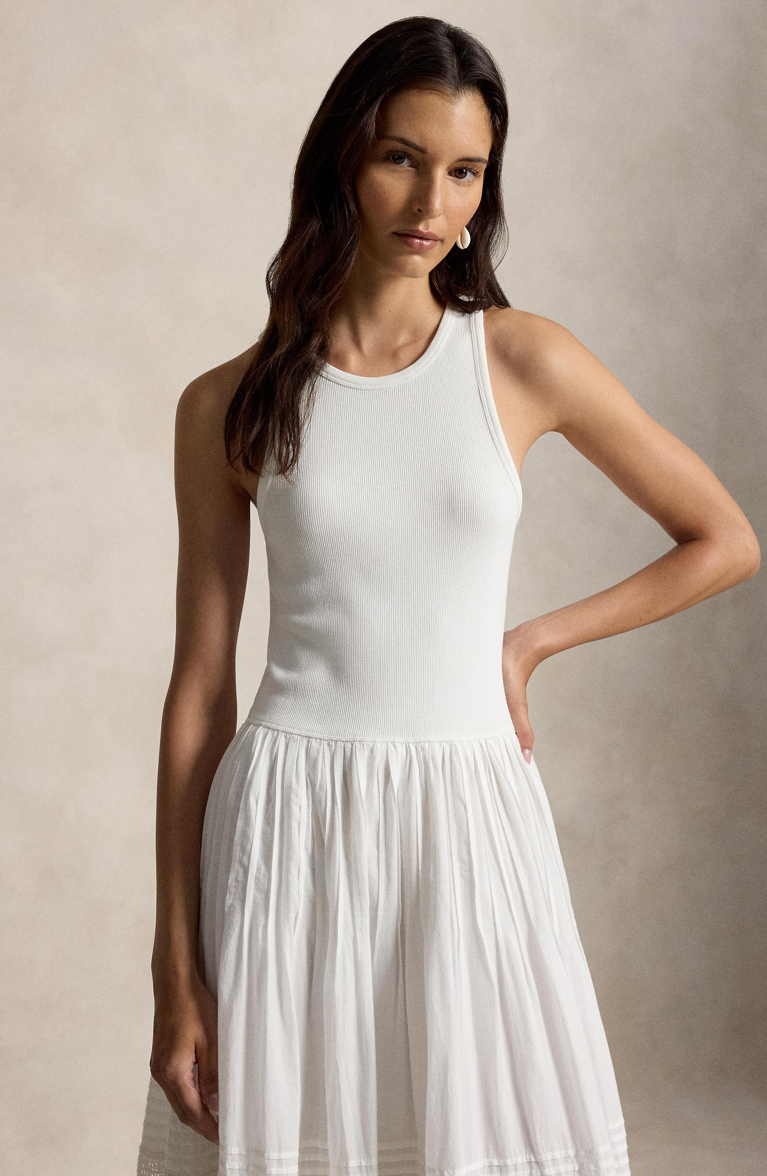 Polo Ralph Lauren Lace & Pintuck Detail Stretch Cotton Blend Tank