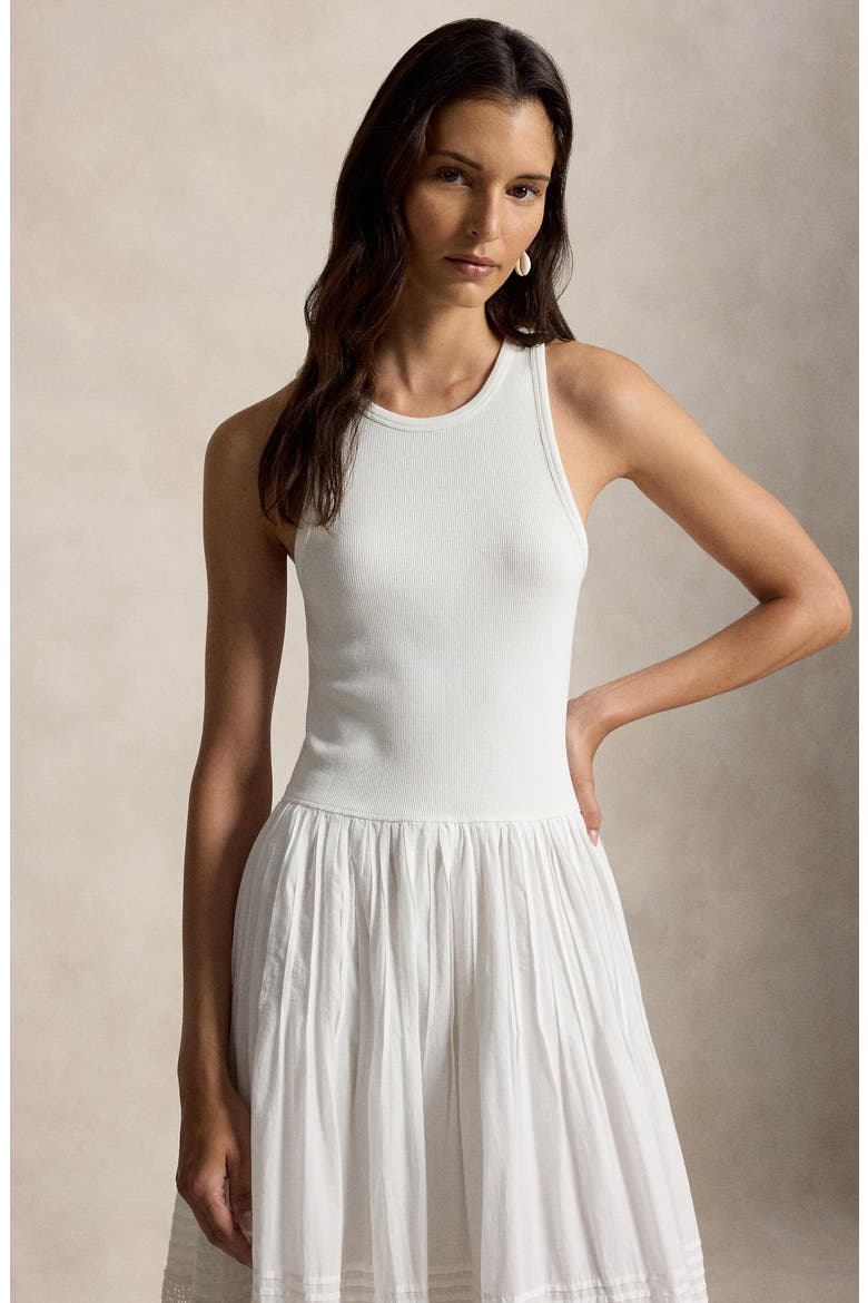 Lace & Pintuck Detail Stretch Cotton Blend Tank Dress, Alternate, color, WHITE