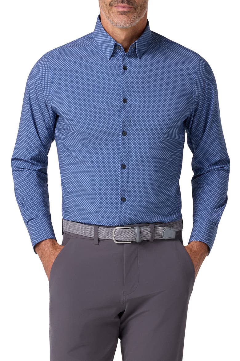 Leeward Trim Fit Diamond Print Performance Button-Up Shirt, Main, color, COASTAL FJORD DOUBLE DIAMOND