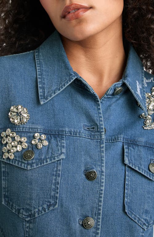 Cinq À Sept Flower Crystal Stretch Denim Shirt In Light Wash