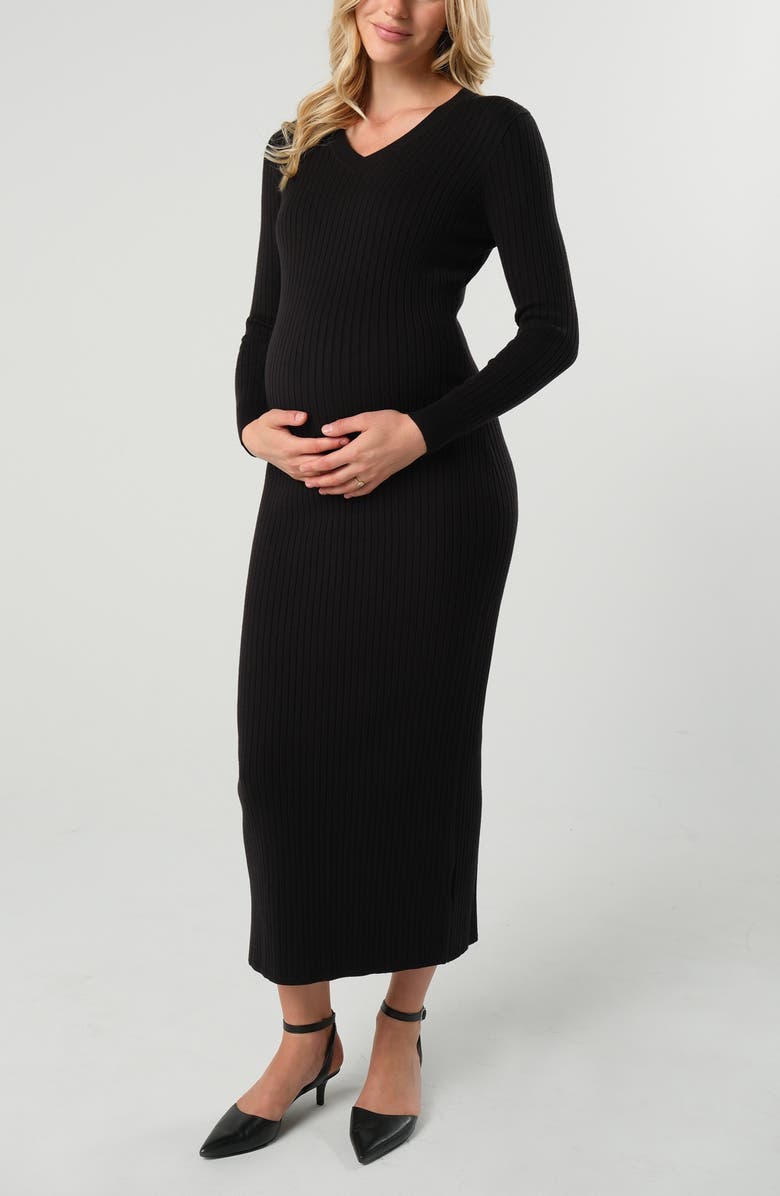 Marion Women's Maxi Maternity & Nursing V-Neck Sweater Dress in Cotton Knit, Main, color, Black