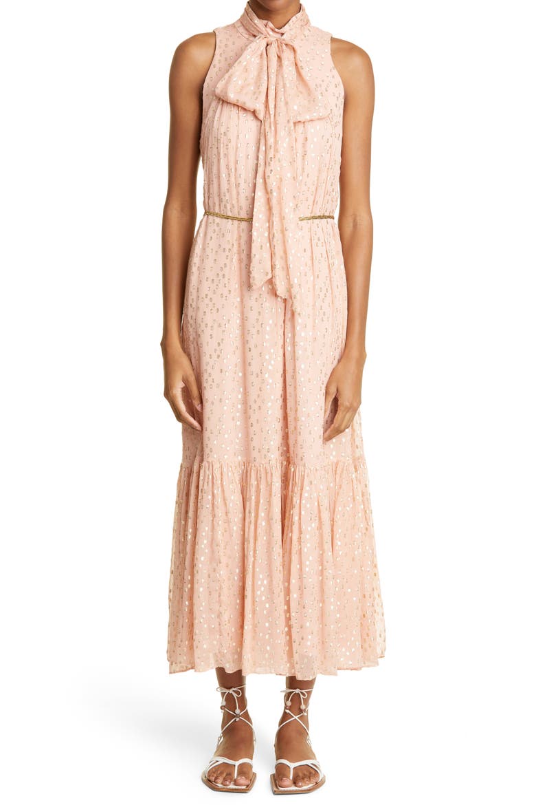 Rhythmic Metallic Fil Coupé Halter Neck Midi Dress, Main, color, SHERBET